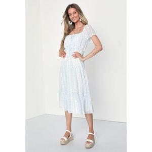 Worn Once Lulus White Floral Swiss Dot Tiered Midi Dress - Size M